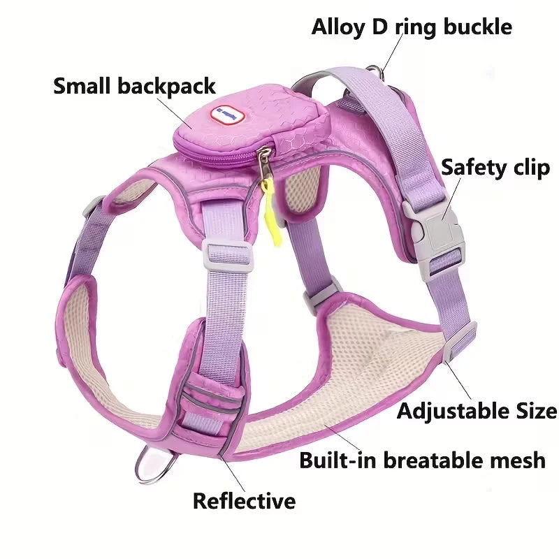 🐕 Dog Harness with Backpack Attachment – Breathable Comfort Fit, No-Pull Design