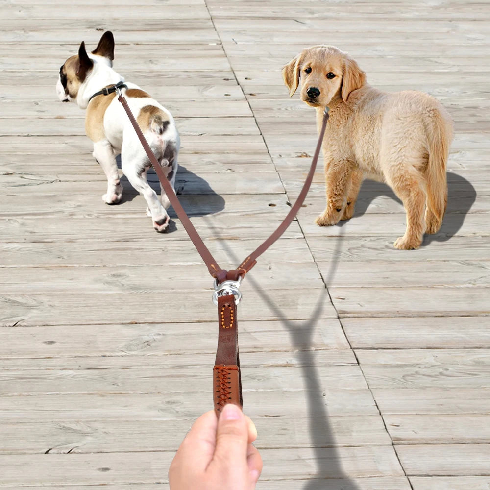 2-Way Double Dog Leash – No-Tangle Leather Coupler for Walking Two Dogs