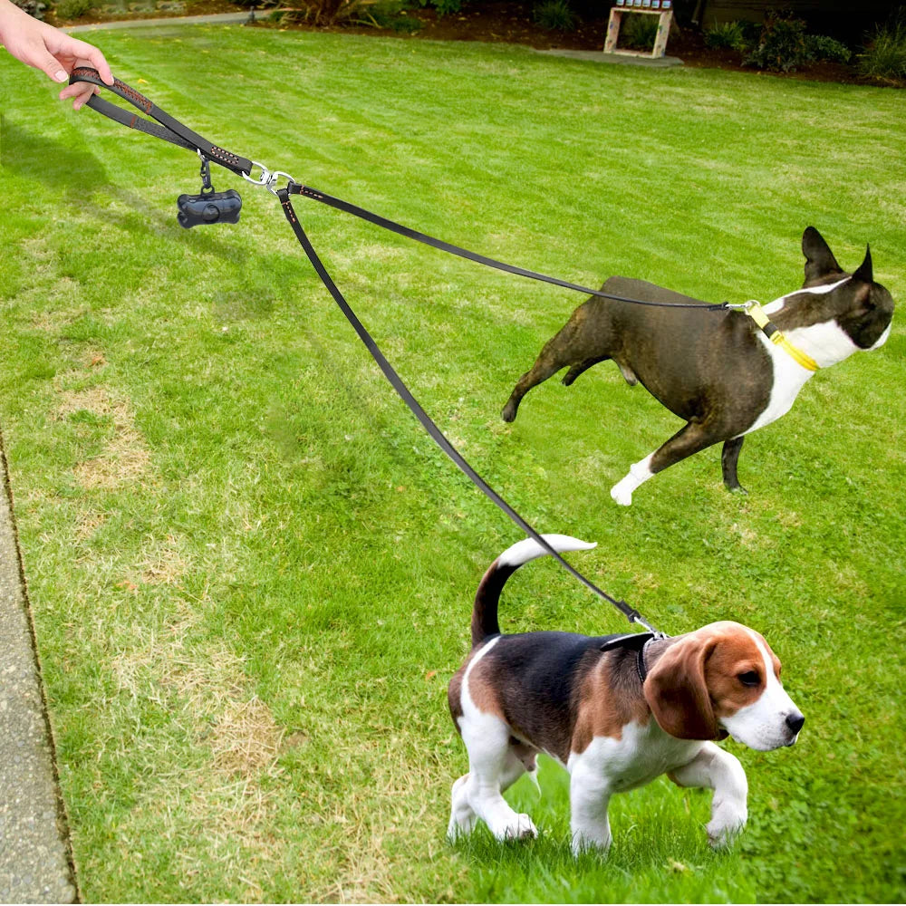 2-Way Double Dog Leash – No-Tangle Leather Coupler for Walking Two Dogs