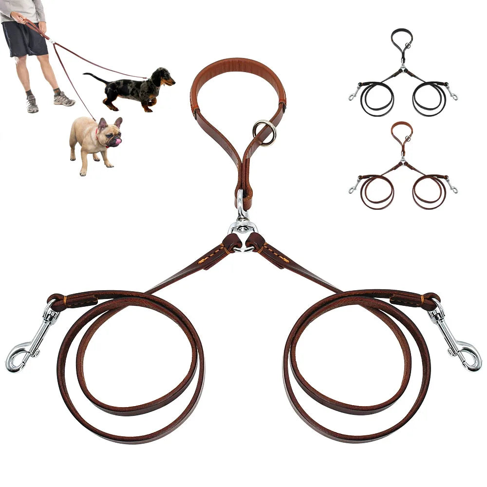 2-Way Double Dog Leash – No-Tangle Leather Coupler for Walking Two Dogs