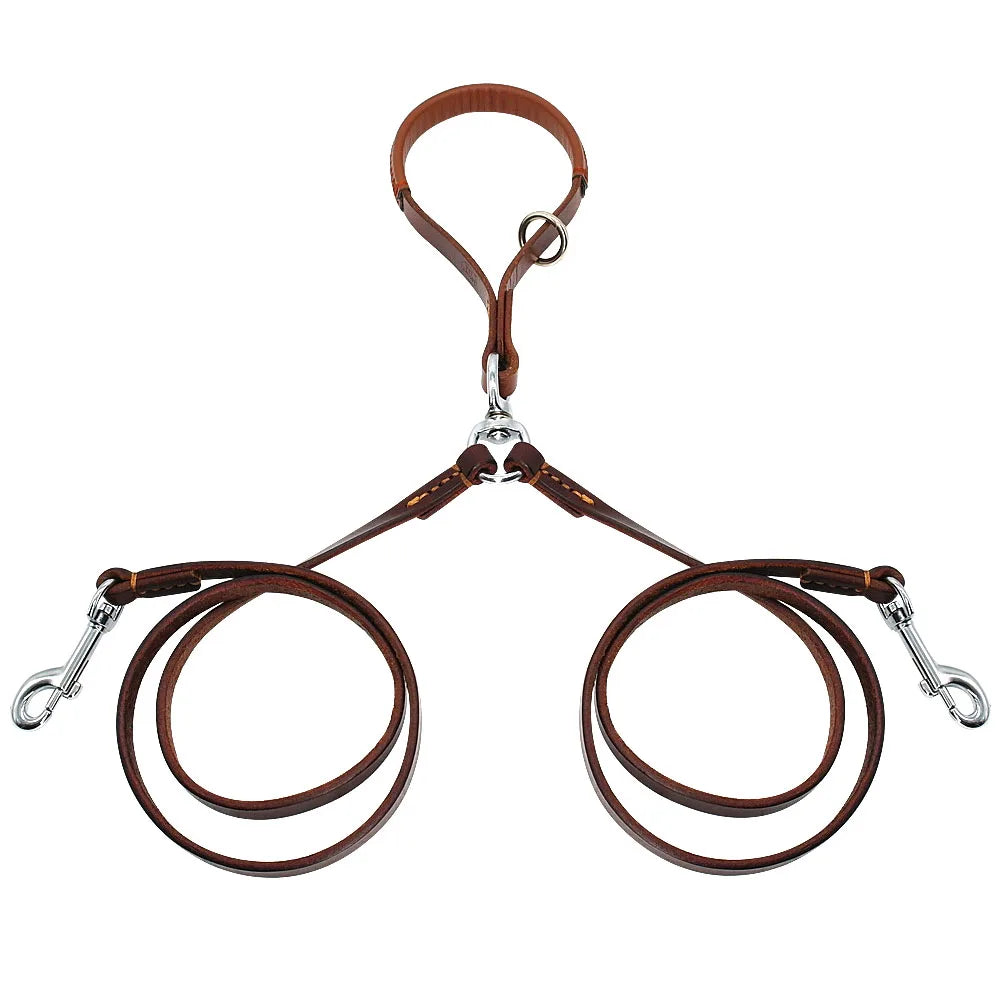 2-Way Double Dog Leash – No-Tangle Leather Coupler for Walking Two Dogs