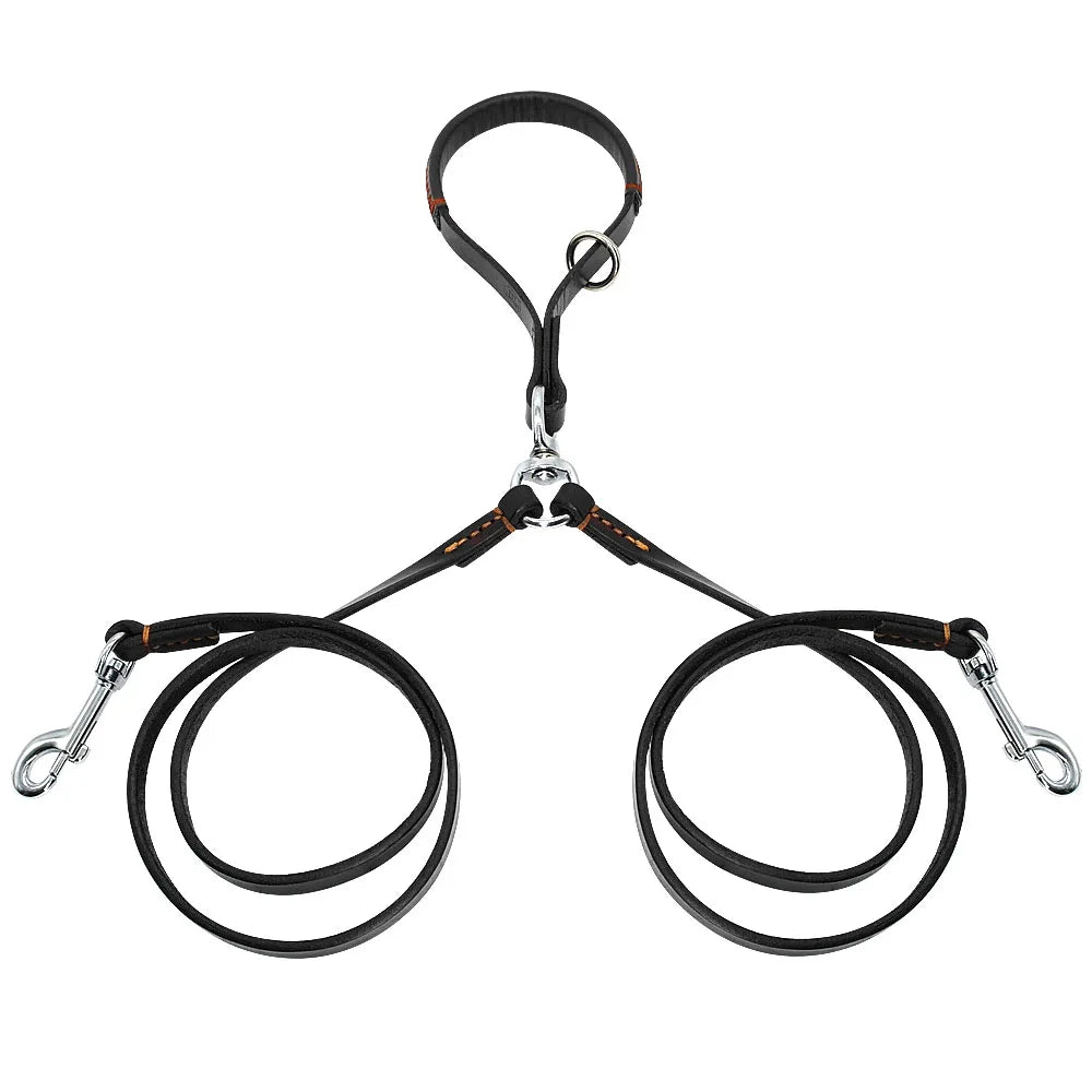 2-Way Double Dog Leash – No-Tangle Leather Coupler for Walking Two Dogs