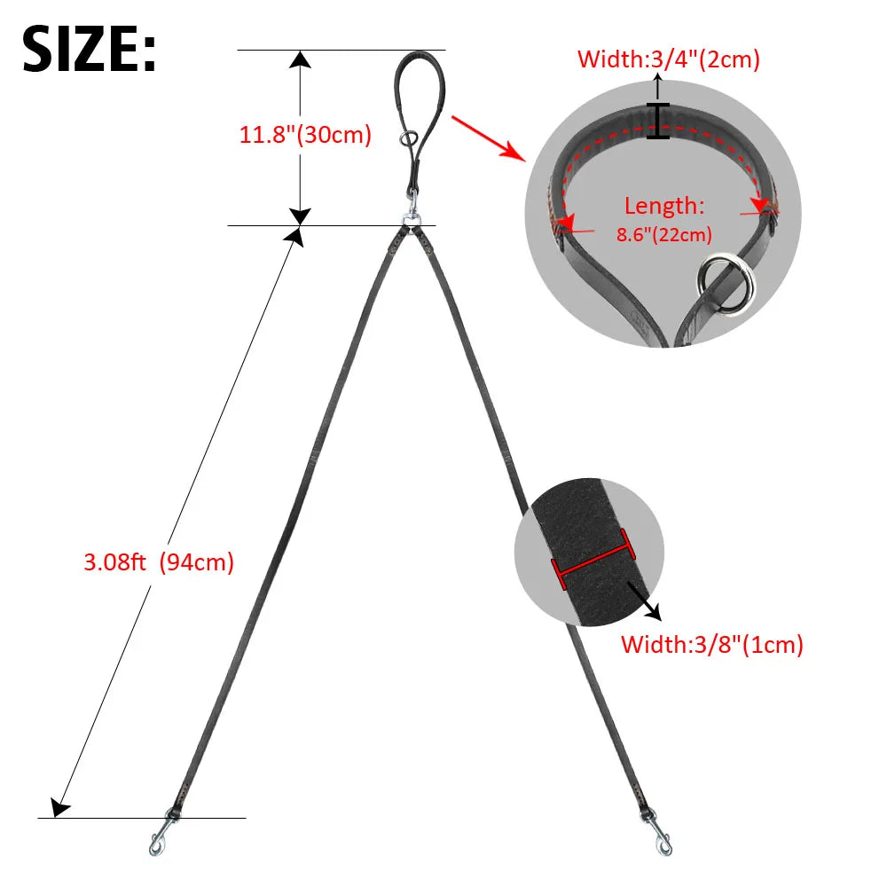 2-Way Double Dog Leash – No-Tangle Leather Coupler for Walking Two Dogs