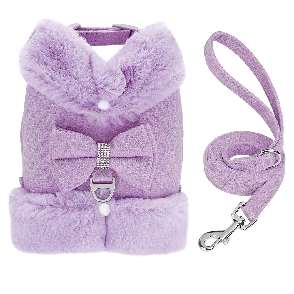 🐾 Warm Fur Pet Harness & Leash Set with Bow