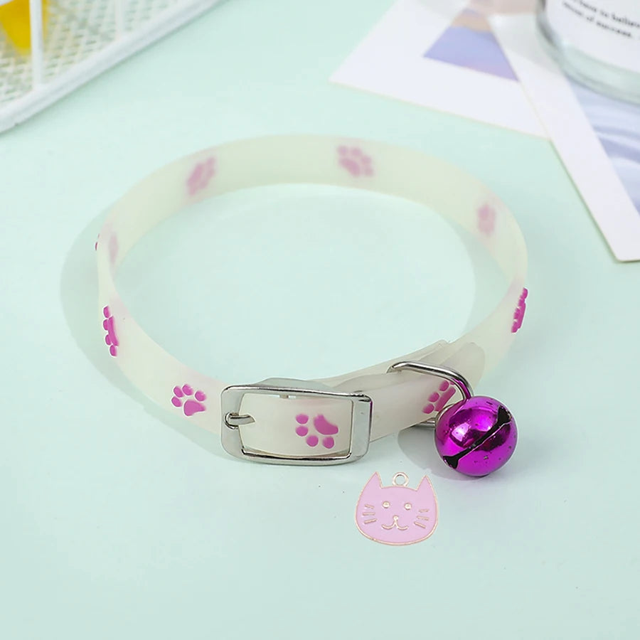 🐾 Glow in the Dark Cat Collar – Luminous Paw Print Collar with Bell