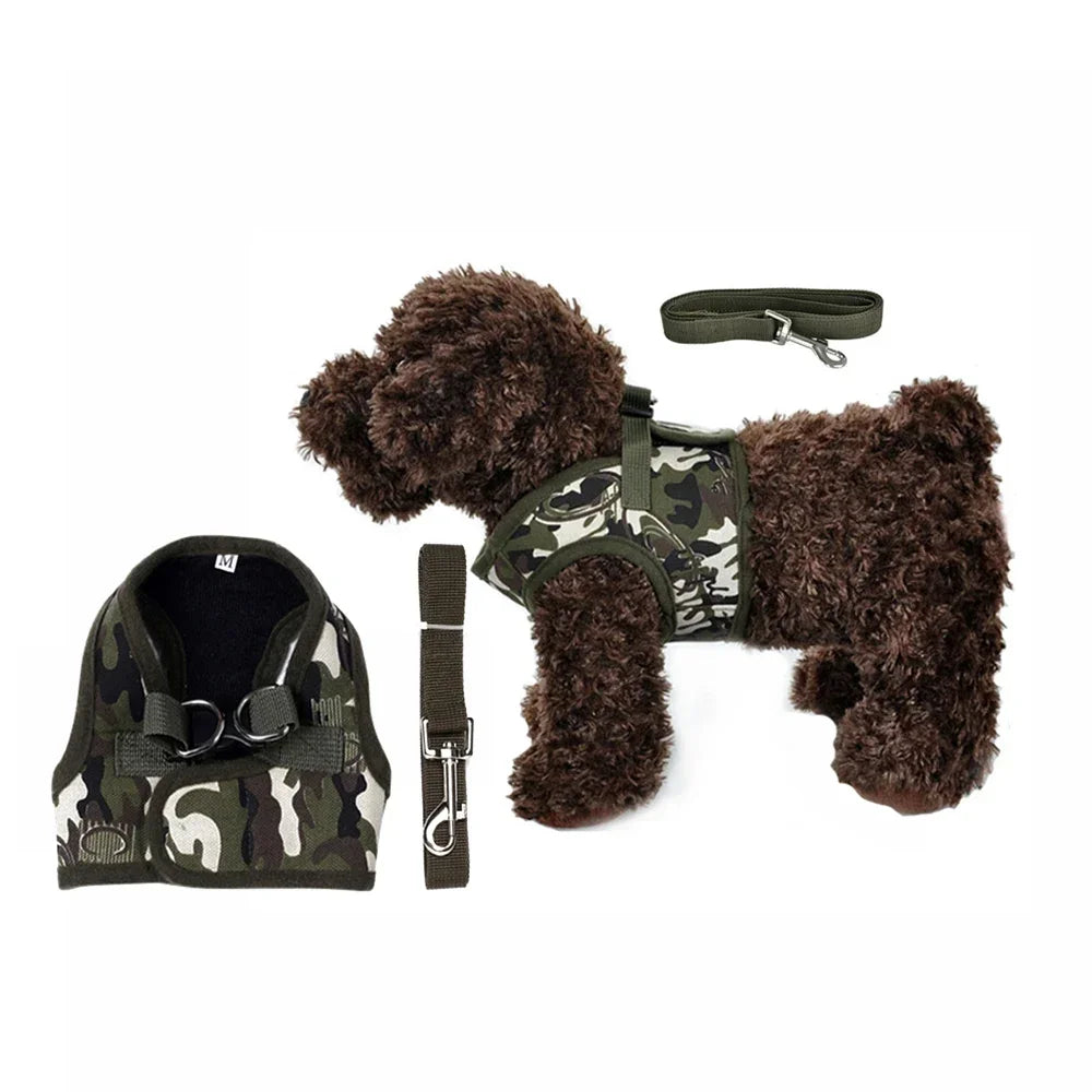 🐾 Cute Army Dog & Cat Harness + Leash Set
