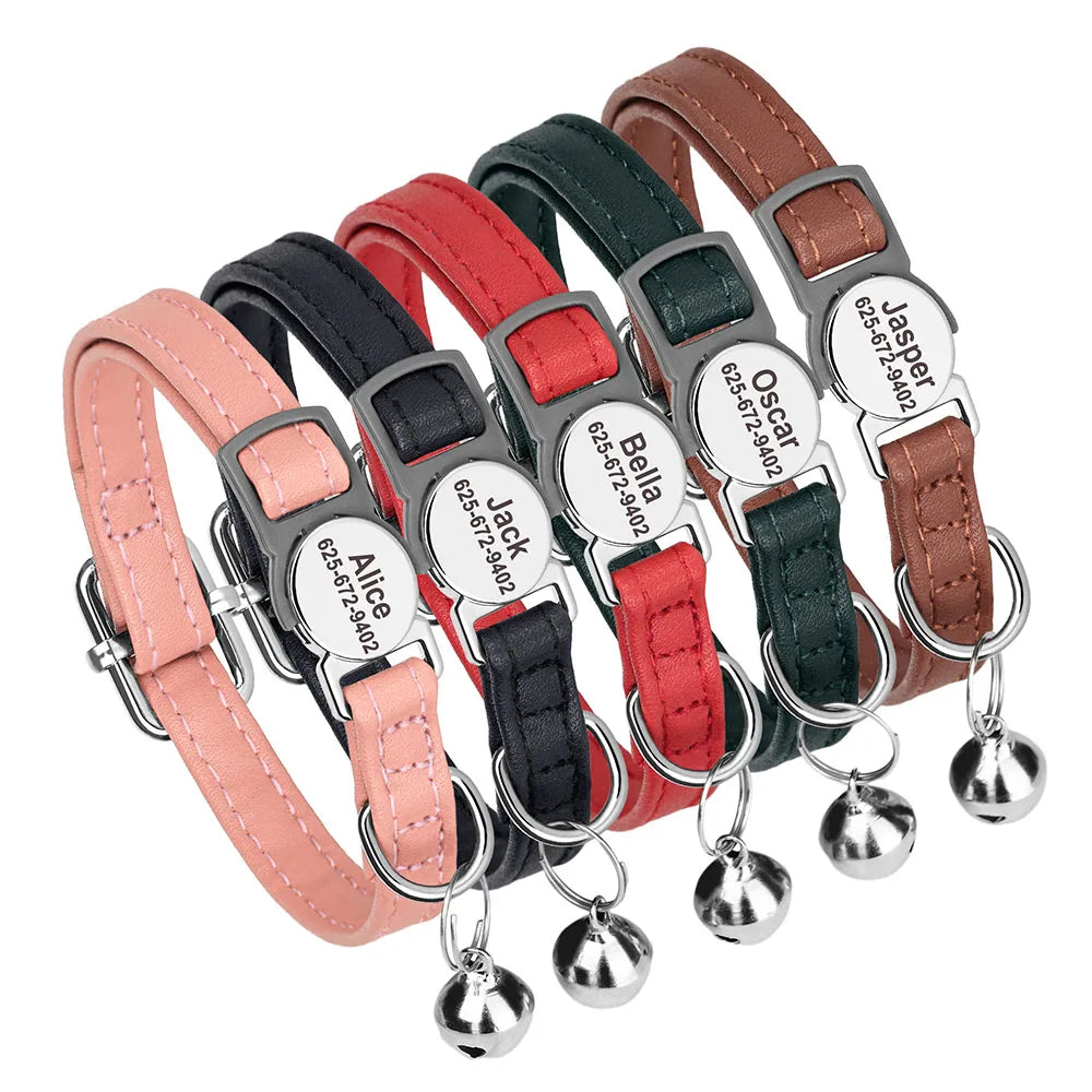 🐾 Custom Cat Collar – Personalized PU Leather with Engraved ID