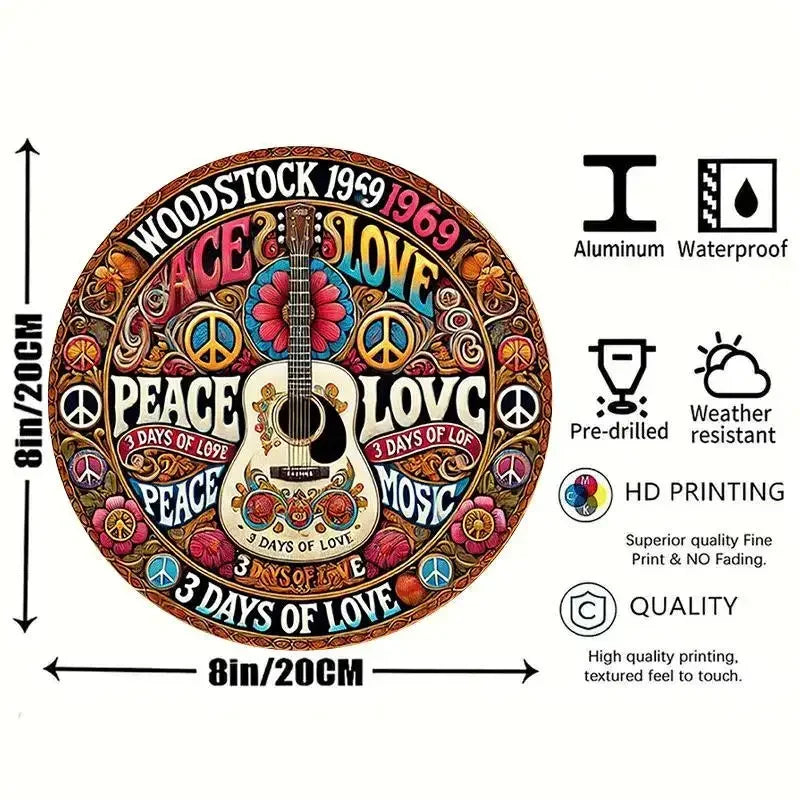 🎨Retro Peace & Love Falidekor – Gitár & Virág Minta | Színes Vintage Plakett Otthonra🎨