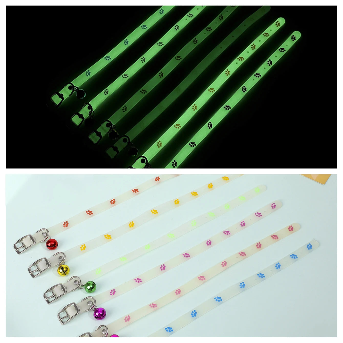 🐾 Glow in the Dark Cat Collar – Luminous Paw Print Collar with Bell