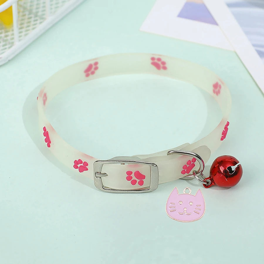 🐾 Glow in the Dark Cat Collar – Luminous Paw Print Collar with Bell