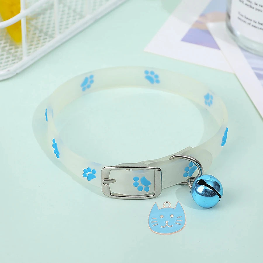 🐾 Glow in the Dark Cat Collar – Luminous Paw Print Collar with Bell