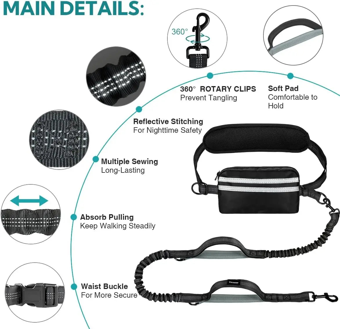 Hands Free Dog Leash with Pouch – Double Leash for Two Dogs with Retractable Bungee