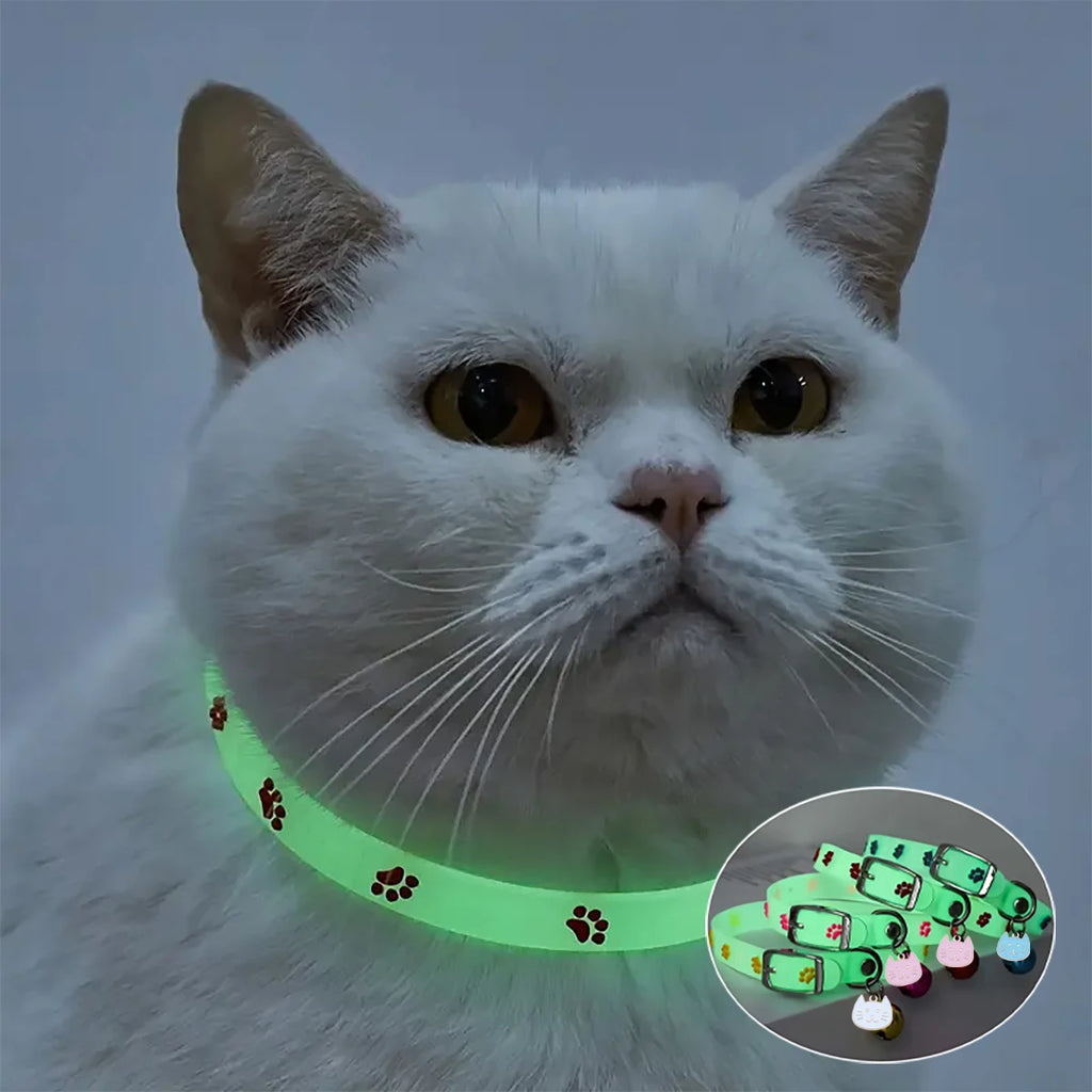 🐾 Glow in the Dark Cat Collar – Luminous Paw Print Collar with Bell