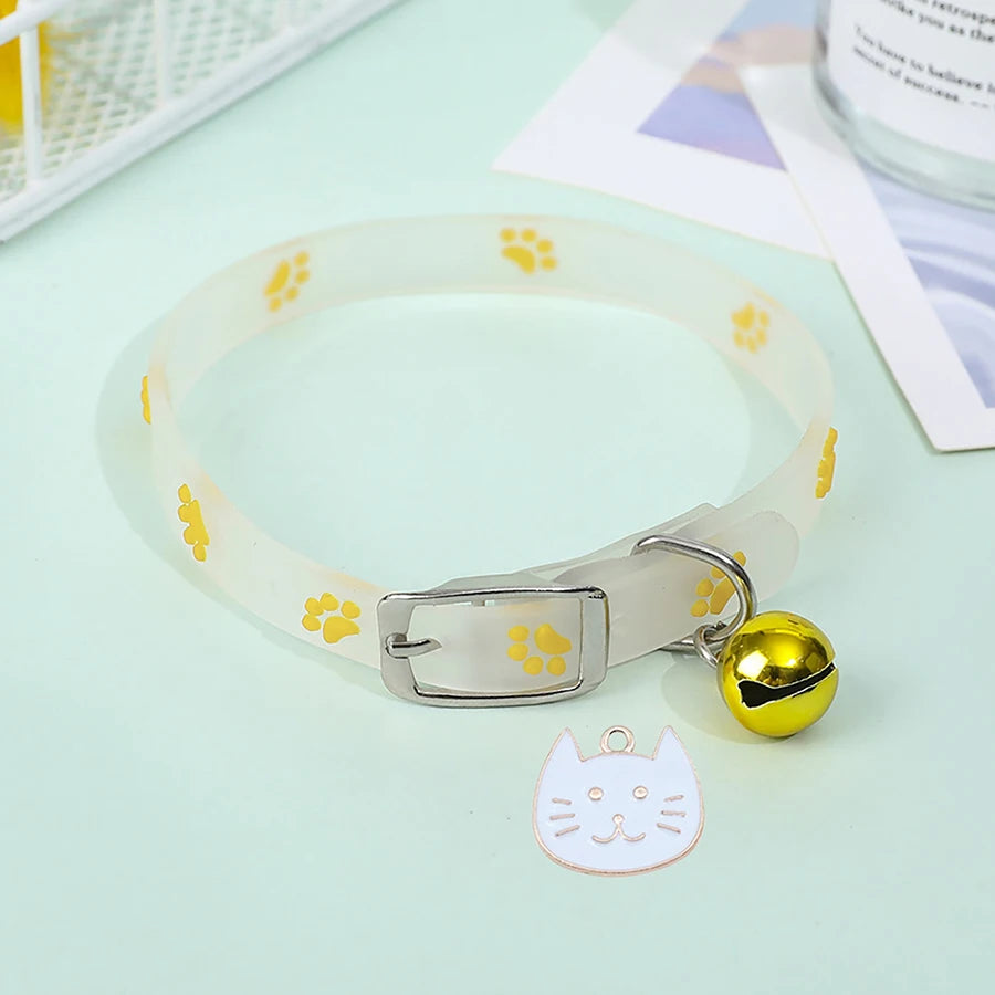 🐾 Glow in the Dark Cat Collar – Luminous Paw Print Collar with Bell