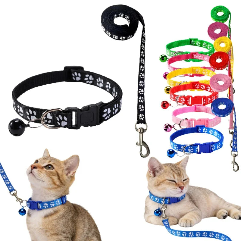 🐾 Bell Collar & Leash Set – Cartoon Paw Design
