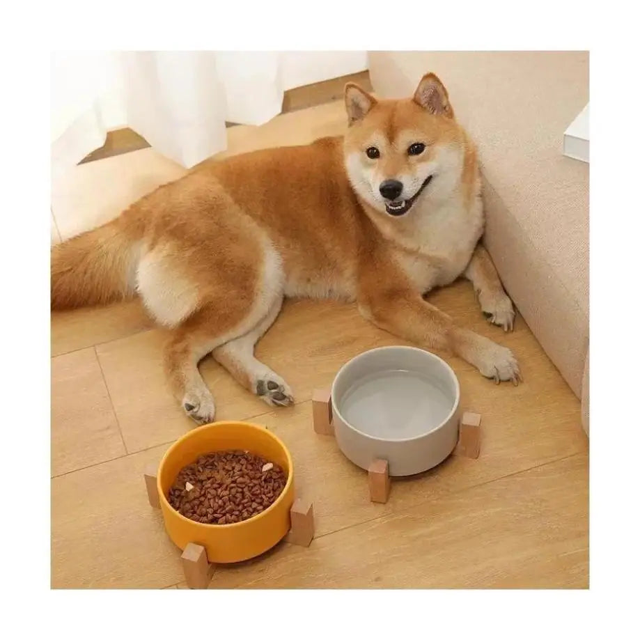 🐾 Ceramic Pet Bowl with Wooden Rack – Large Capacity