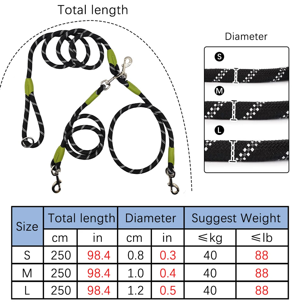 Hands Free Dual Dog Leash for 2 Dogs – Reflective Running Leash with 360° Swivel No-Tangle Design
