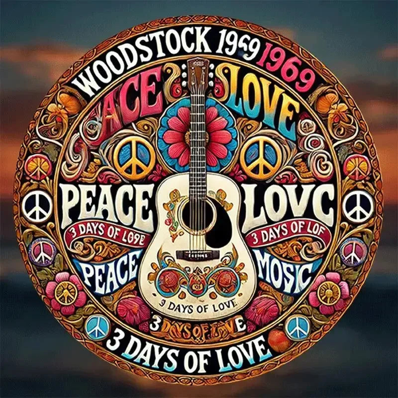 🎨Retro Peace & Love Falidekor – Gitár & Virág Minta | Színes Vintage Plakett Otthonra🎨