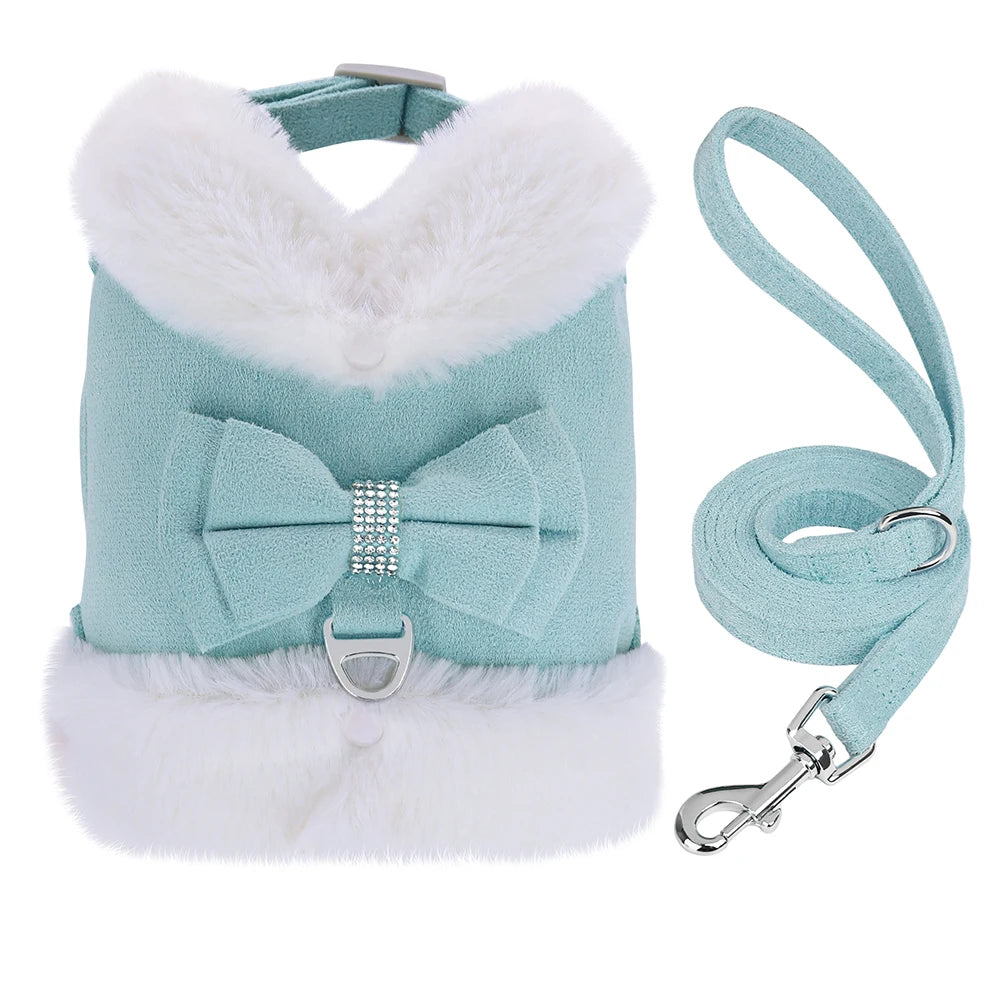 🐾 Warm Fur Pet Harness & Leash Set with Bow