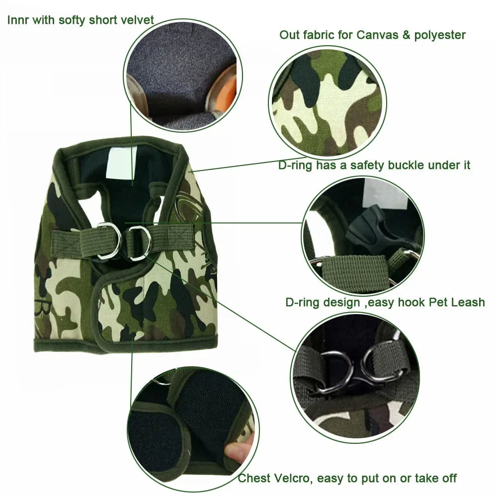 🐾 Cute Army Dog & Cat Harness + Leash Set
