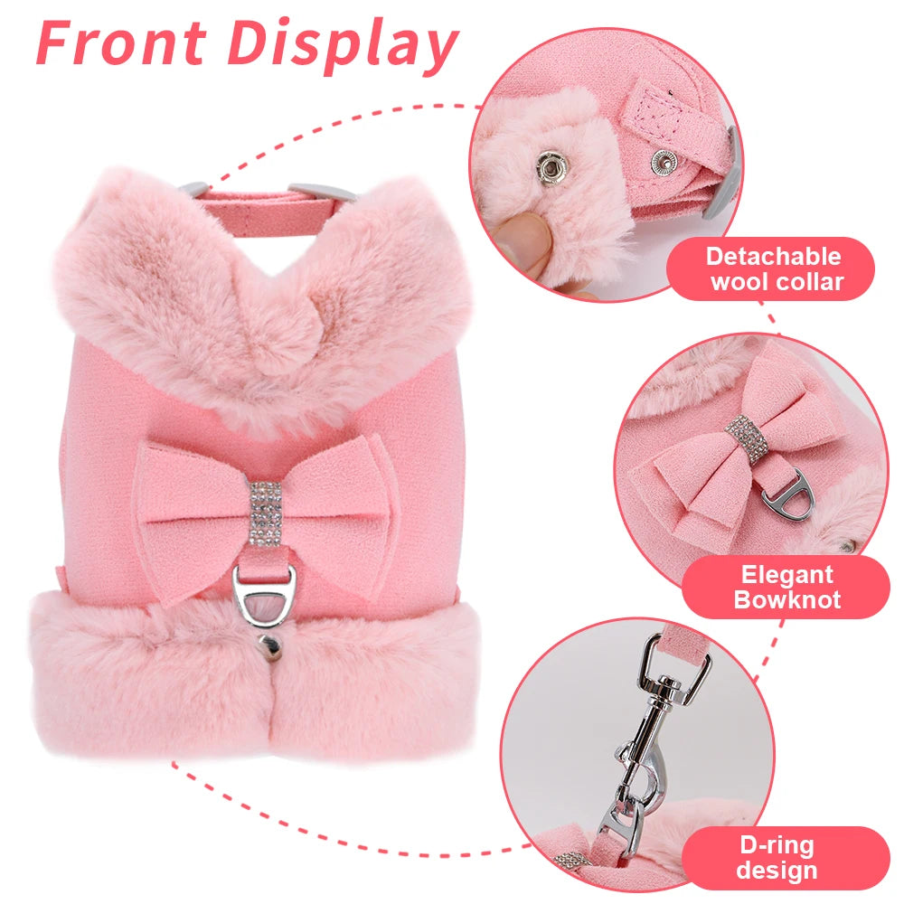 🐾 Warm Fur Pet Harness & Leash Set with Bow