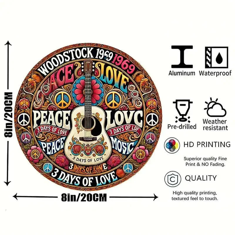 🎨Retro Peace & Love Falidekor – Gitár & Virág Minta | Színes Vintage Plakett Otthonra🎨
