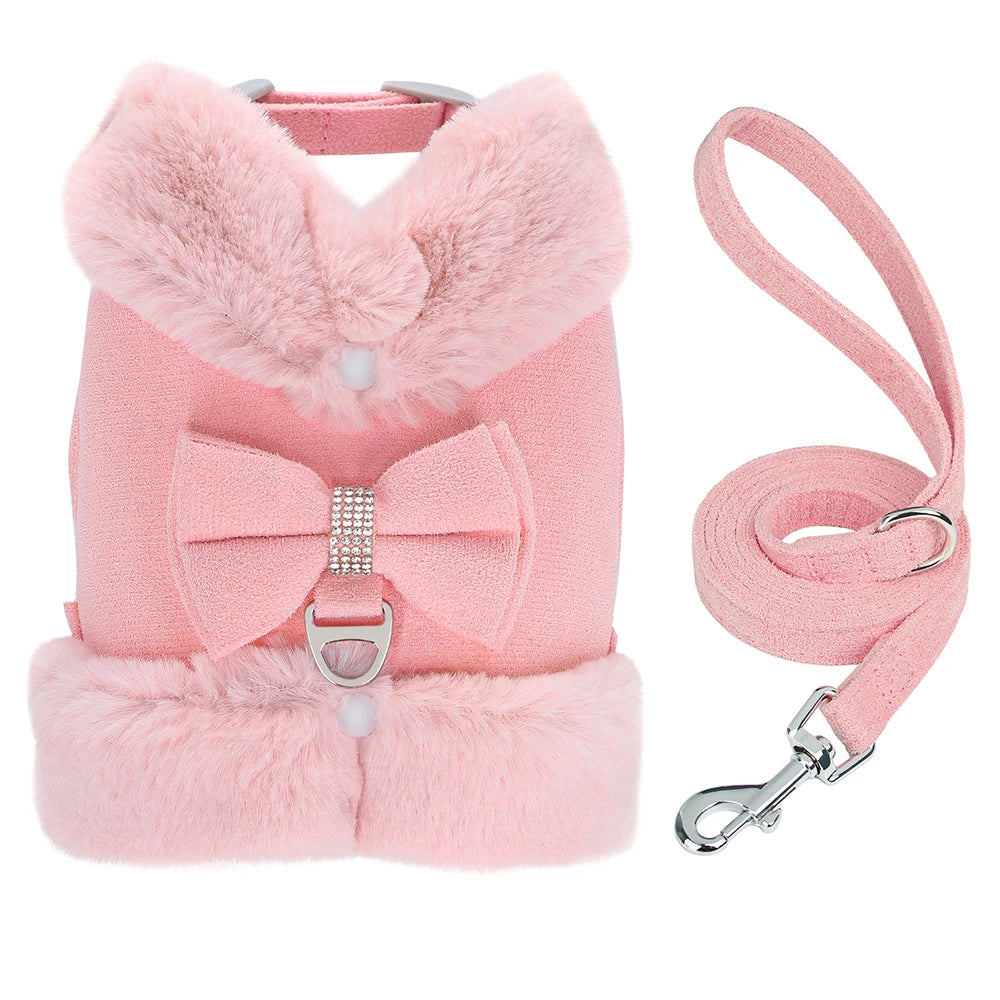 🐾 Warm Fur Pet Harness & Leash Set with Bow
