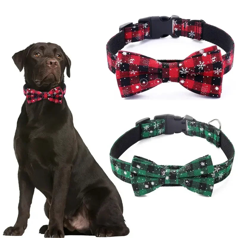 🎀 Christmas Bow Tie Dog Collar – Festive Snowflake Style