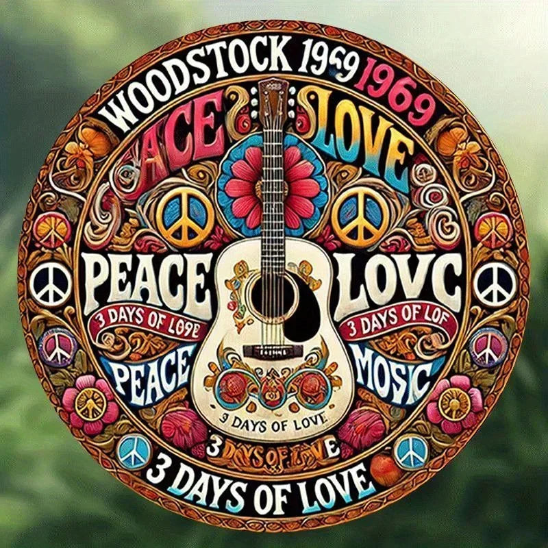 🎨Retro Peace & Love Falidekor – Gitár & Virág Minta | Színes Vintage Plakett Otthonra🎨