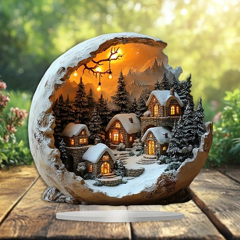 ✨Bohó Karácsonyi Asztali Dekor – 2D Mini Téli Falu LED Hatással (Bohém Stílus)✨