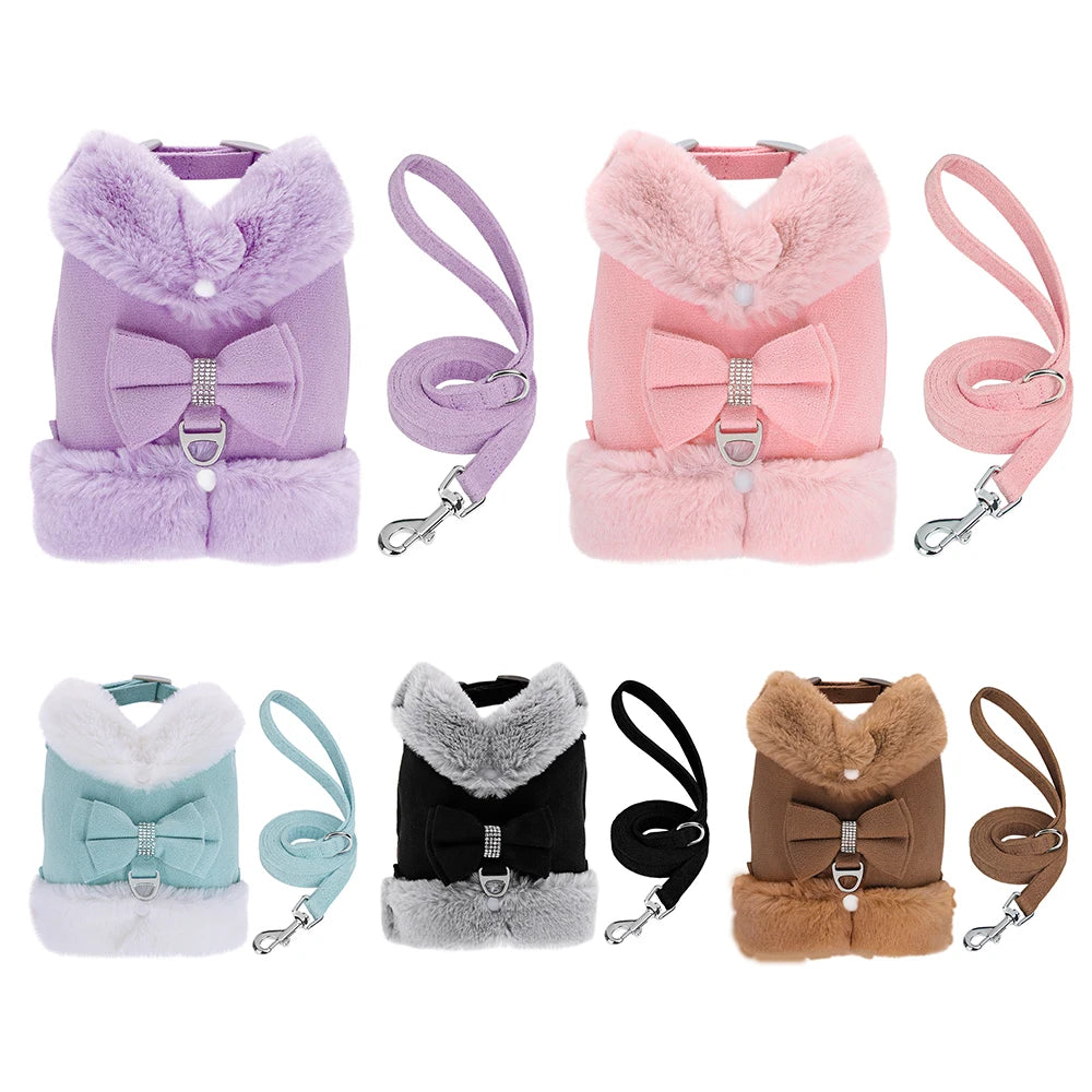 🐾 Warm Fur Pet Harness & Leash Set with Bow