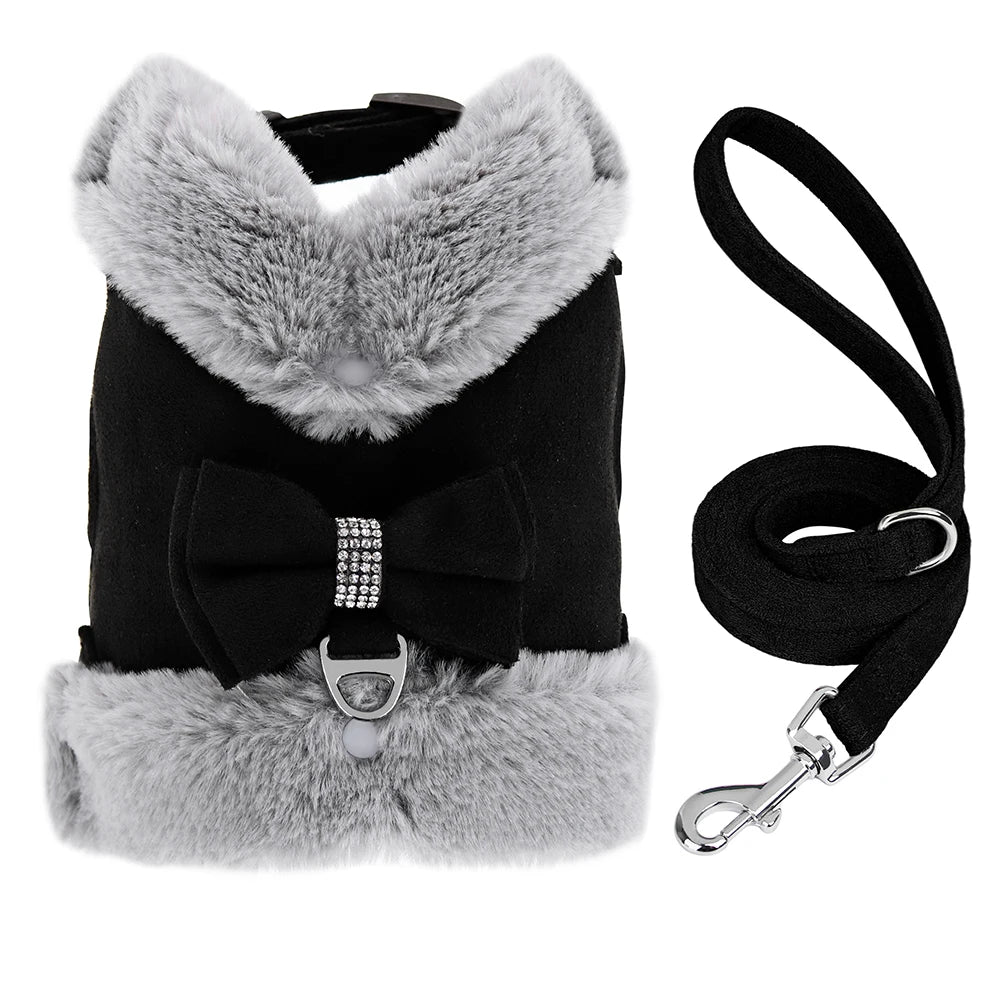 🐾 Warm Fur Pet Harness & Leash Set with Bow