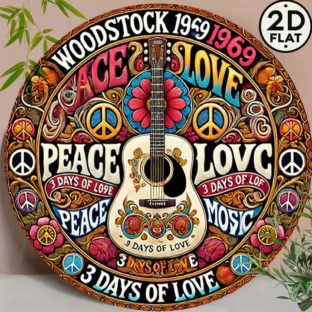 🎨Retro Peace & Love Falidekor – Gitár & Virág Minta | Színes Vintage Plakett Otthonra🎨