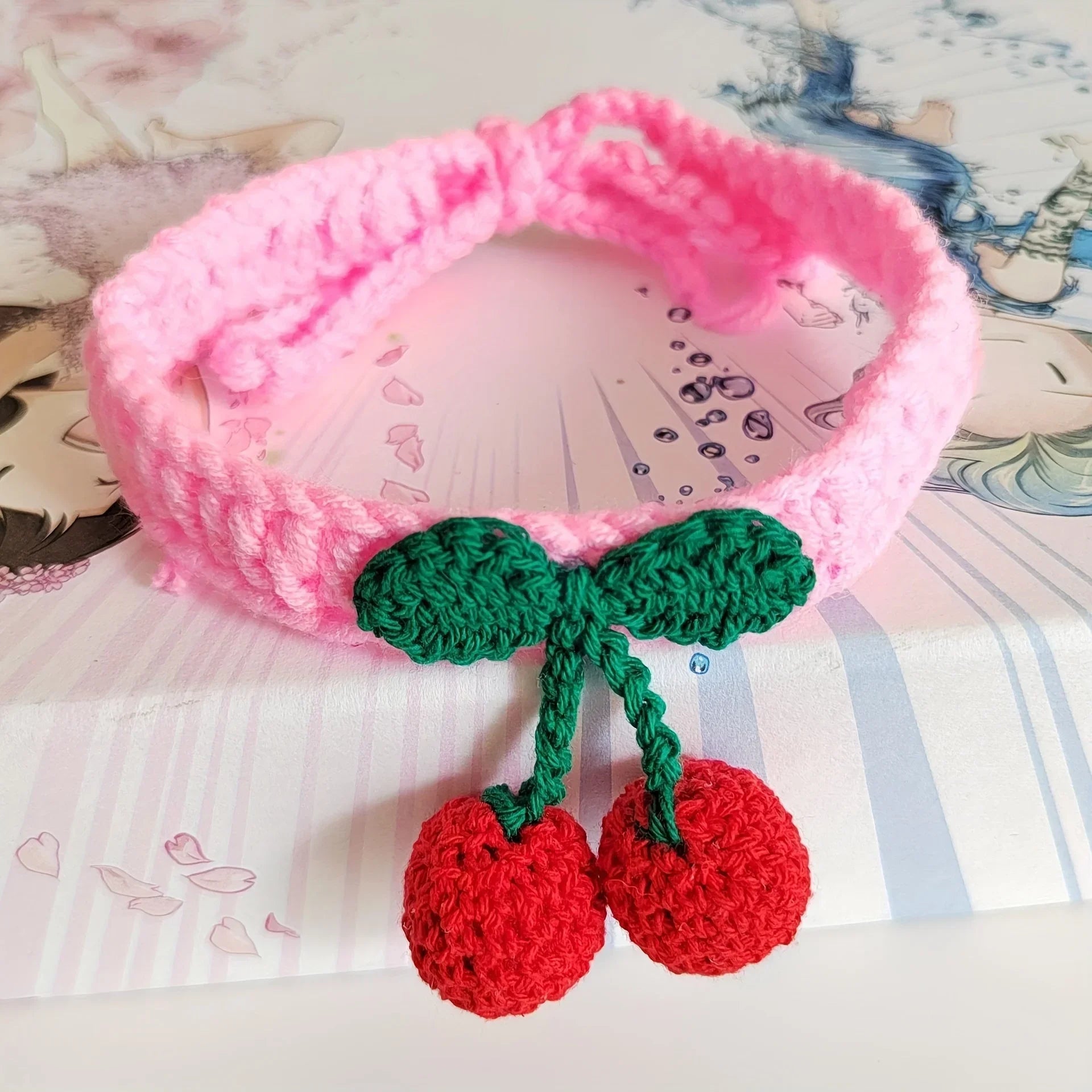 🍒 Handmade Knitted Cat Collar with Cherry – Cute & Soft Pet Necklace