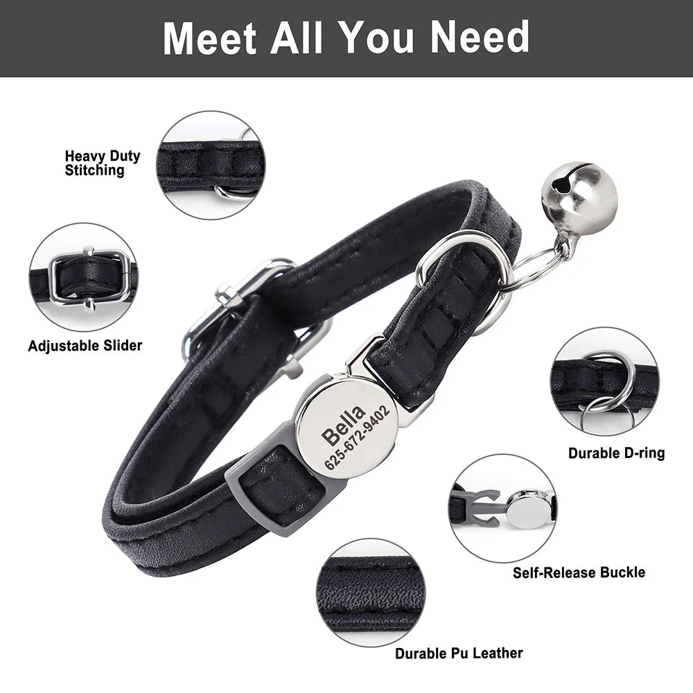 🐾 Custom Cat Collar – Personalized PU Leather with Engraved ID