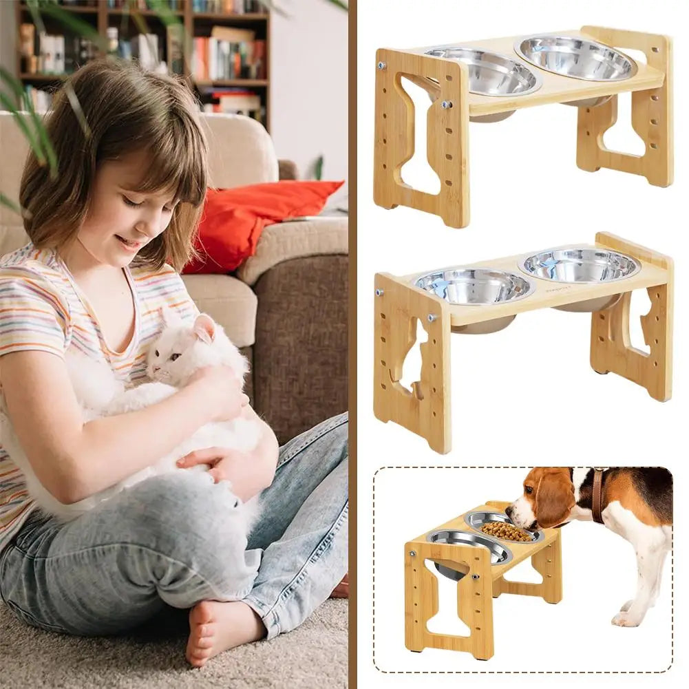 🪵🐶 Adjustable Elevated Wooden Dog Feeder – Food & Water Bowl Stand