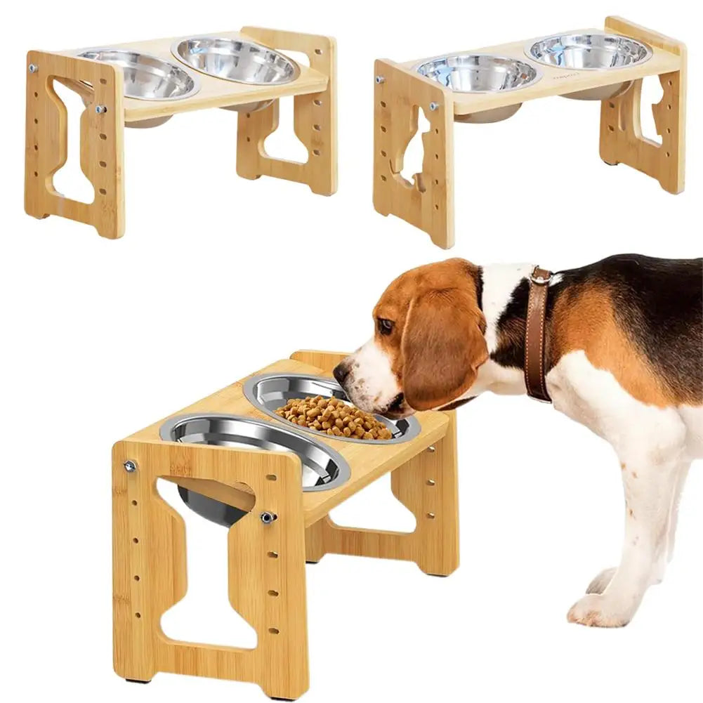🪵🐶 Adjustable Elevated Wooden Dog Feeder – Food & Water Bowl Stand
