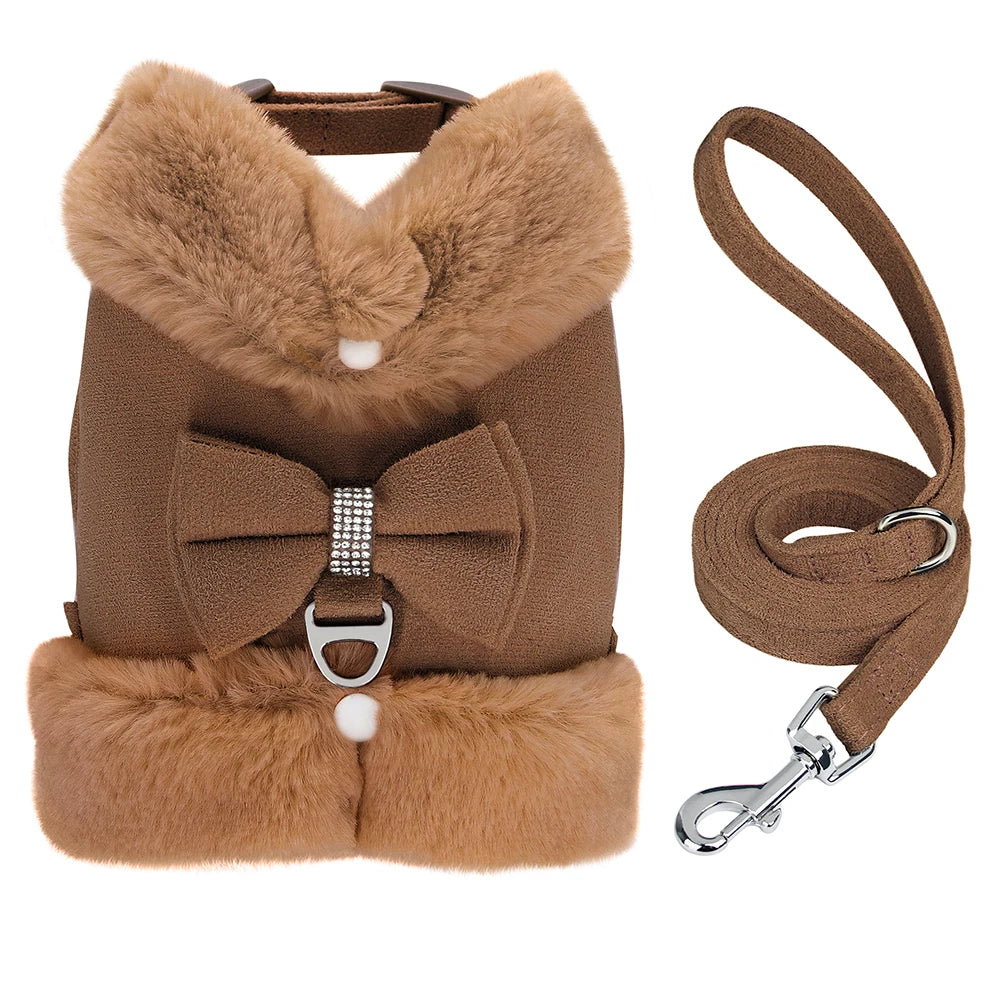 🐾 Warm Fur Pet Harness & Leash Set with Bow