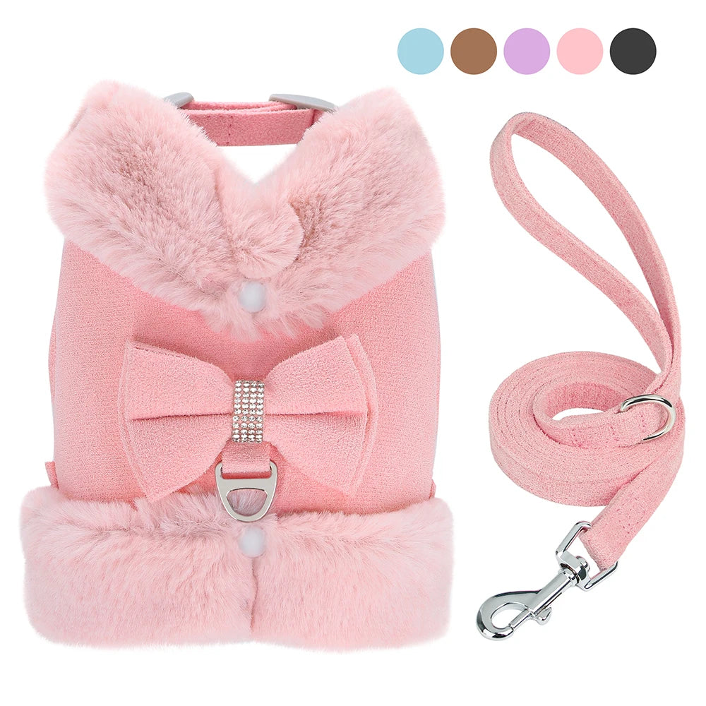 🐾 Warm Fur Pet Harness & Leash Set with Bow