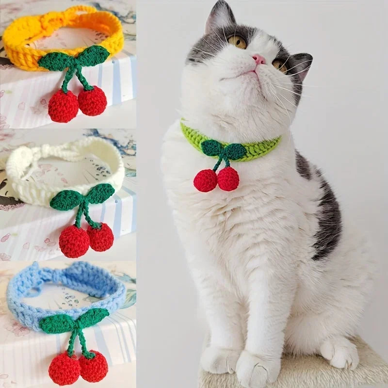 🍒 Handmade Knitted Cat Collar with Cherry – Cute & Soft Pet Necklace