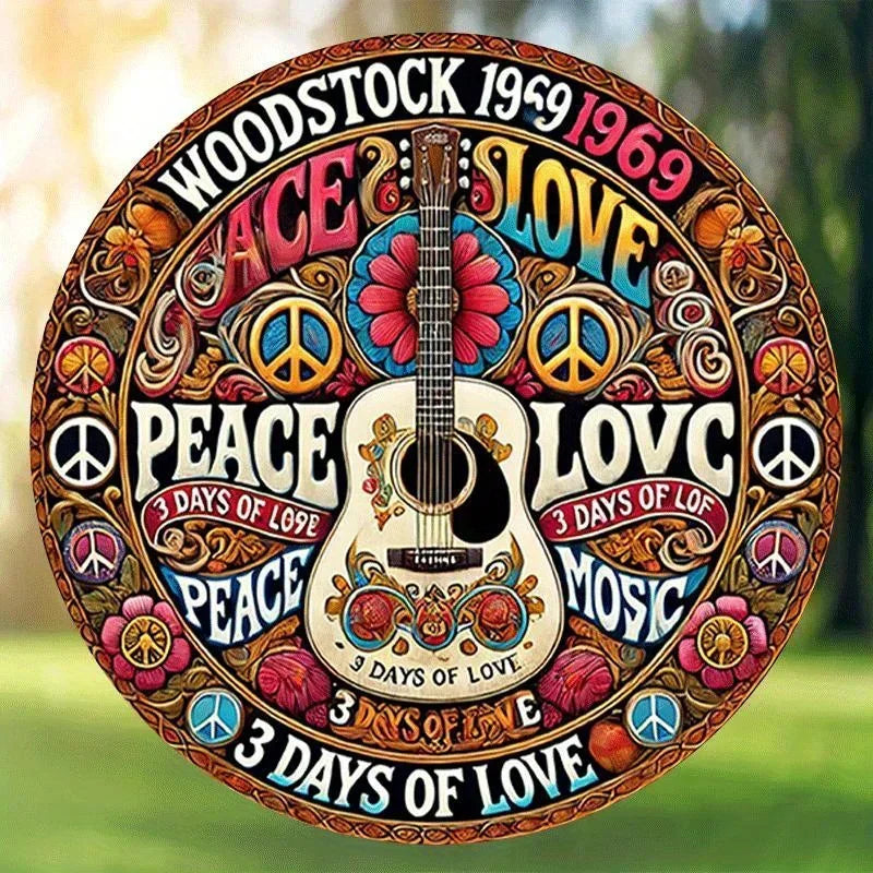 🎨Retro Peace & Love Falidekor – Gitár & Virág Minta | Színes Vintage Plakett Otthonra🎨