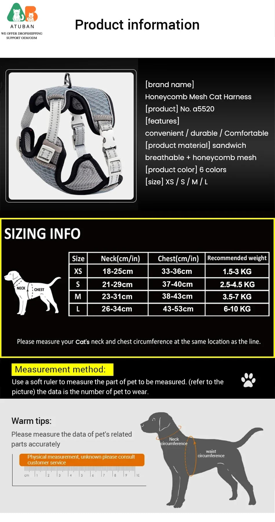 🐱 ATUBAN Escape-Proof Cat Harness & Leash Set