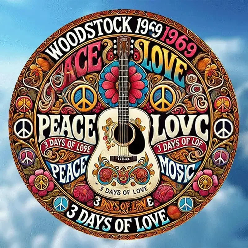 🎨Retro Peace & Love Falidekor – Gitár & Virág Minta | Színes Vintage Plakett Otthonra🎨